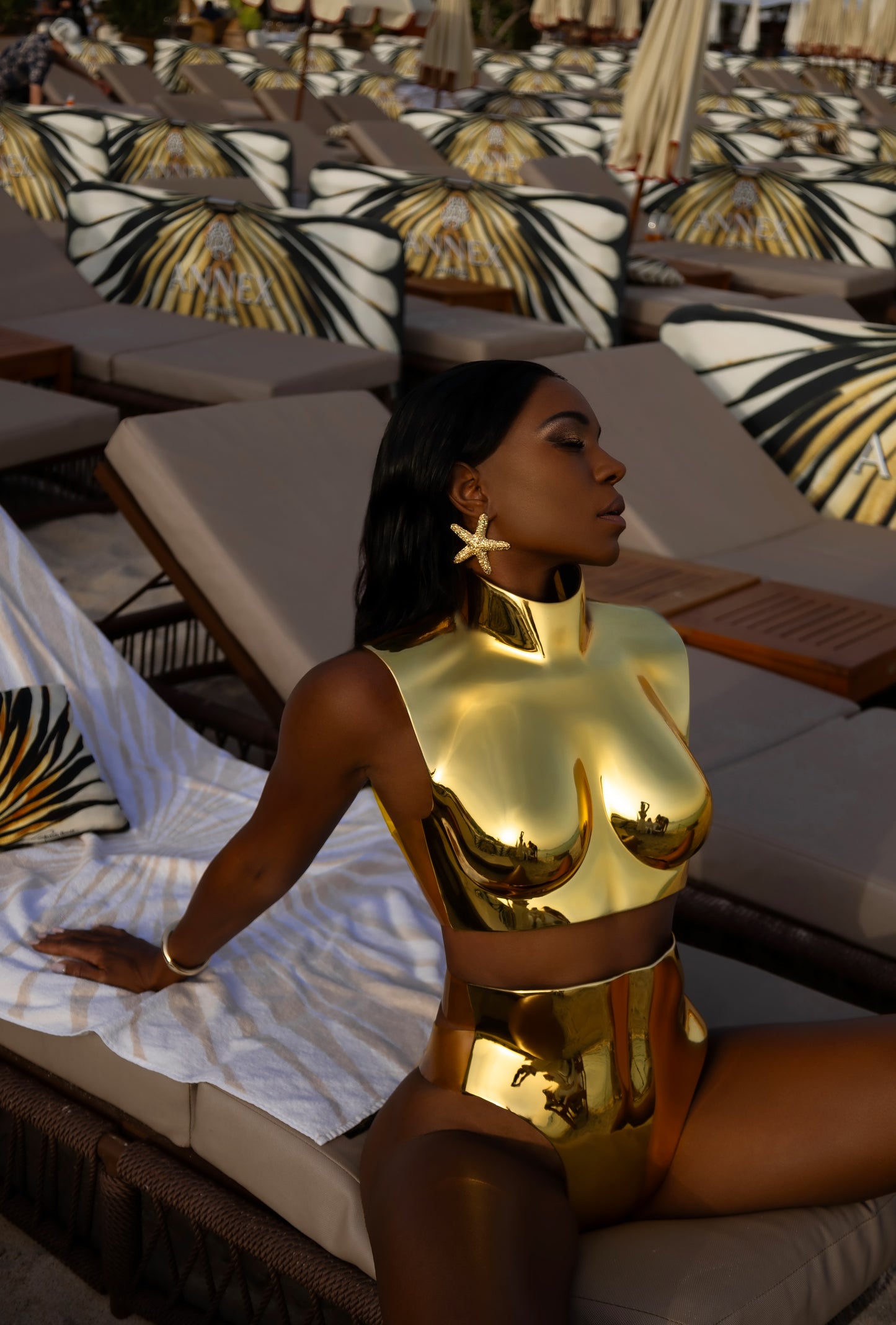 RUNWAY CHROME ACRYLIC BREASTPLATE & BIKINI BOTTOM IN GOLD — LUXURY STATEMENT BODYWEAR
