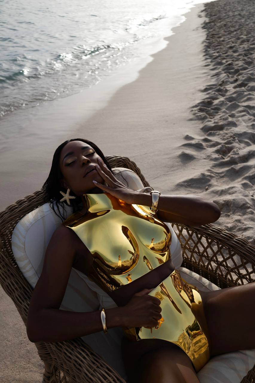 RUNWAY CHROME ACRYLIC BREASTPLATE & BIKINI BOTTOM IN GOLD — LUXURY STATEMENT BODYWEAR