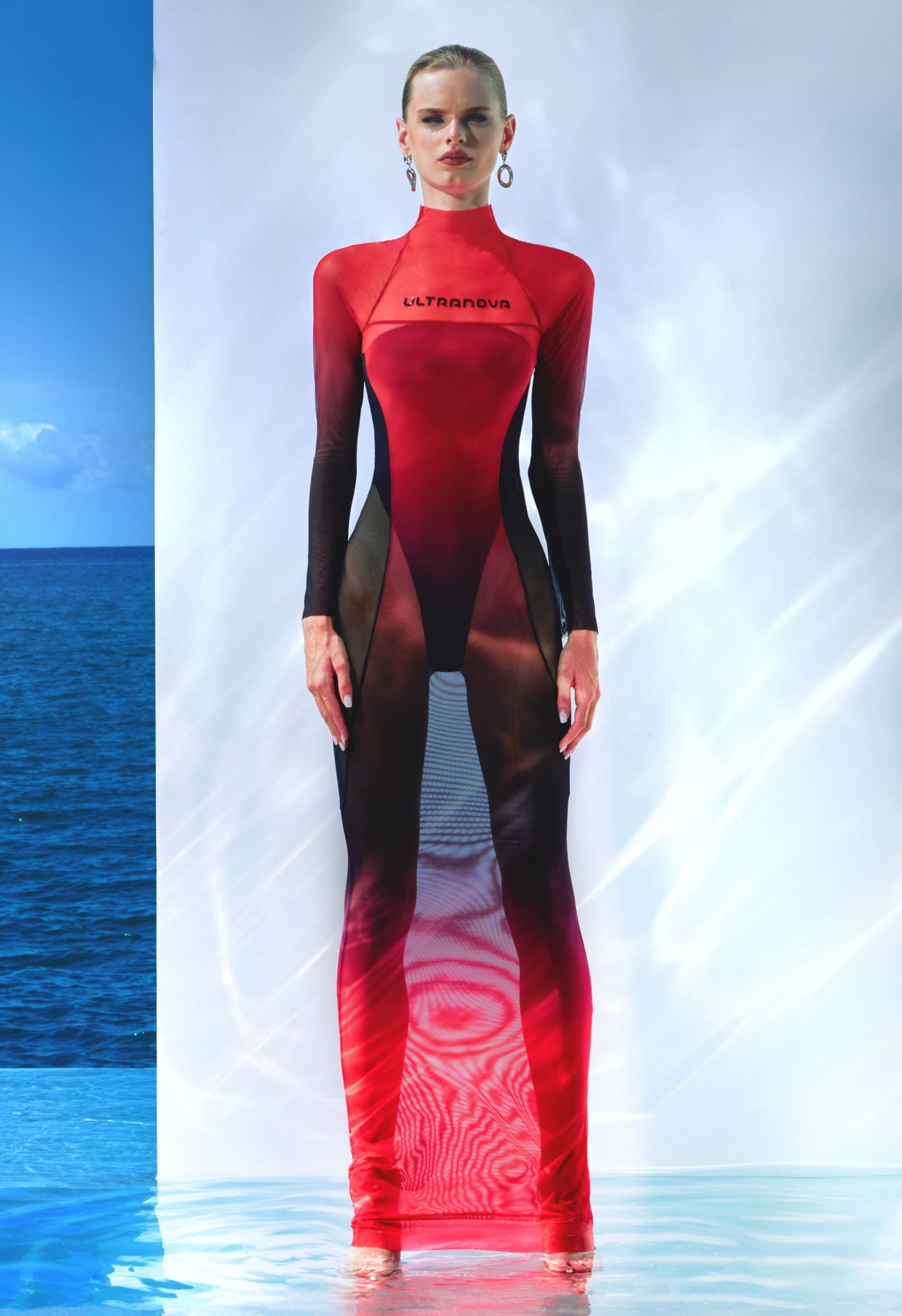 futuristic red dress Afro-American Model in Futuristic Red Dress