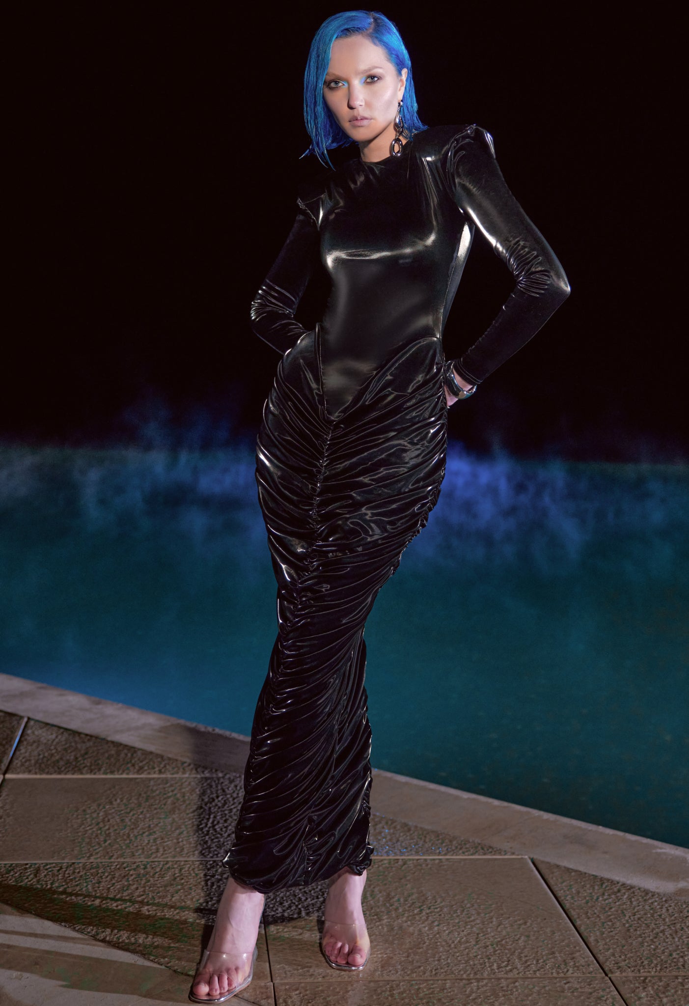 FUTURISTIC DRESS IN LIQUID BLACK METAL FABRIC