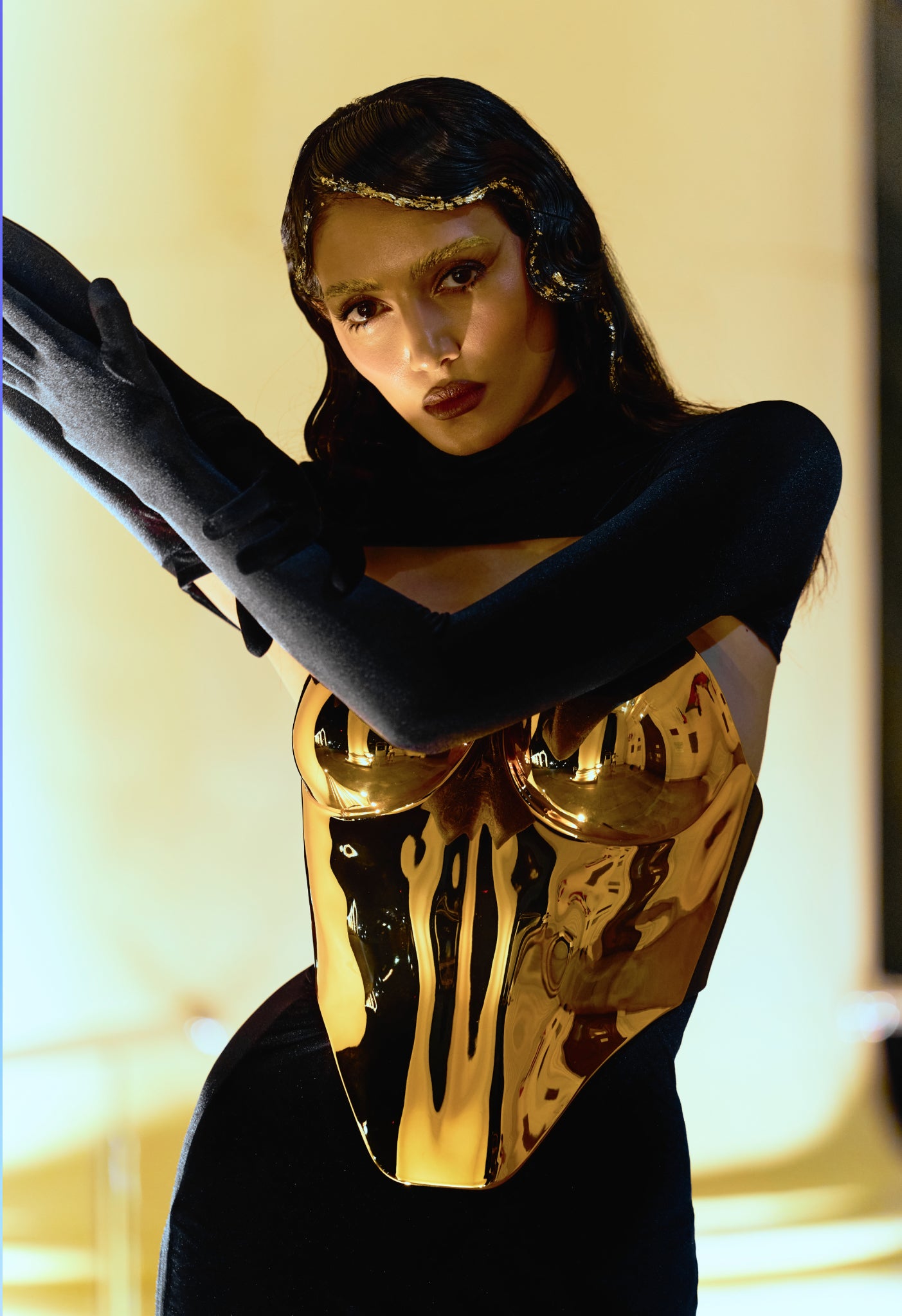 LACQUERED CHROME ACRYLIC ANATOMICAL BREASTPLATE IN GOLD