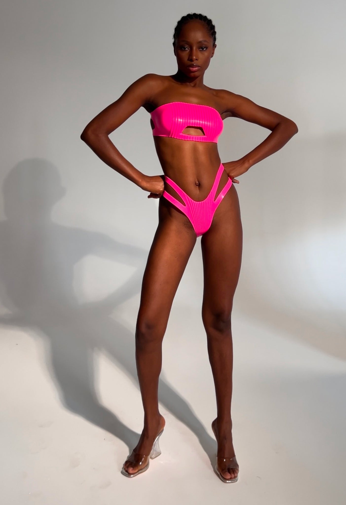 FUTURISTIC STRIPED SILICONE SWIMSUIT IN PINK UV