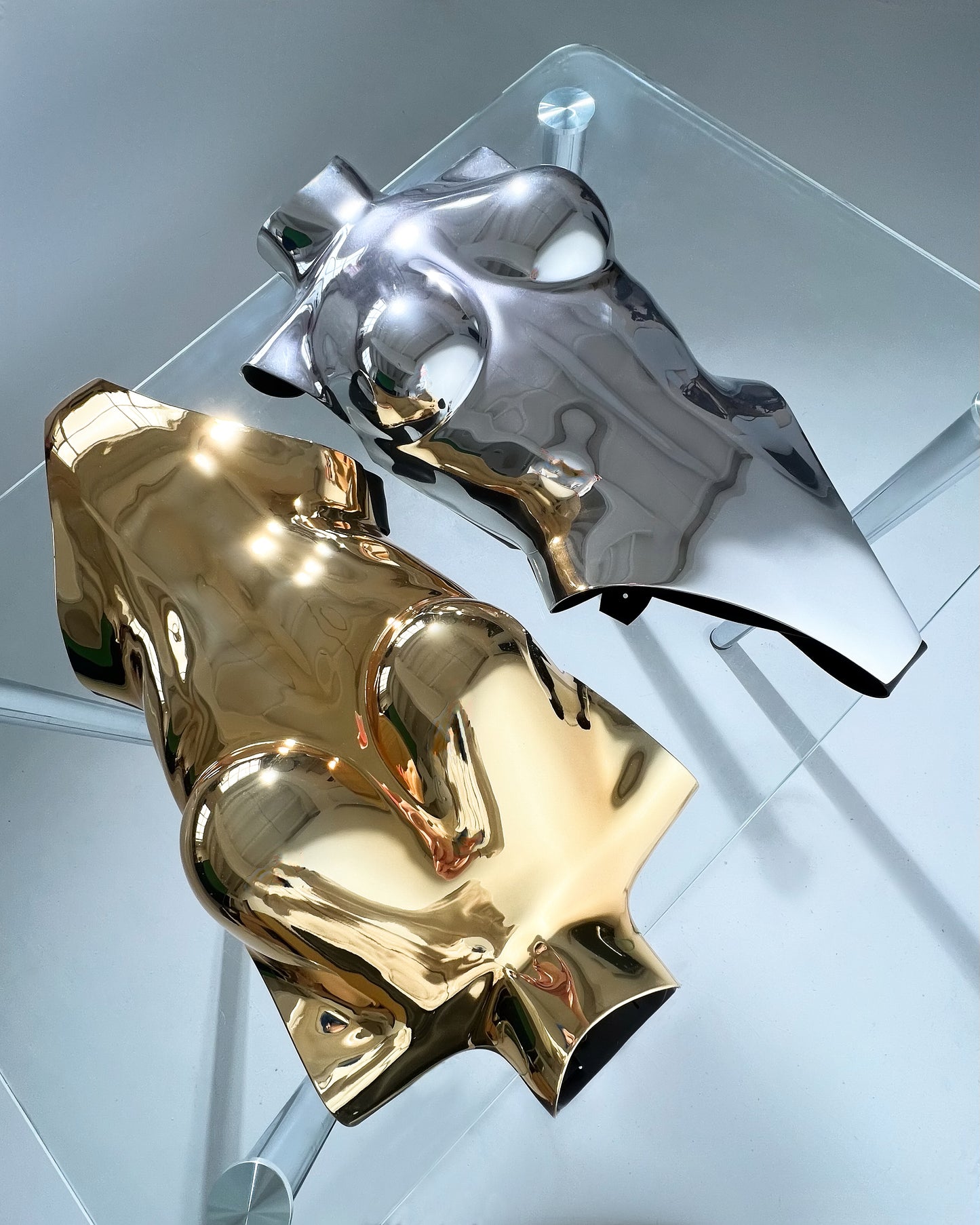 Exclusive one-of-a-kind lacquered chrome acrylic anatomical breastplate in silver and gold. Features adjustable PVC straps for a custom fit. Handcrafted by Ultranova for a futuristic, avant-garde look. Made from 100% high-quality acrylic with a polished chrome finish. Inspired by cyborg aesthetics and atomical breastplate designs, this statement piece embodies futuristic fashion. Worn by visionaries in high fashion, including Tom Ford. Designed for bold, cutting-edge styling—Ultranova, ultranova.brand.