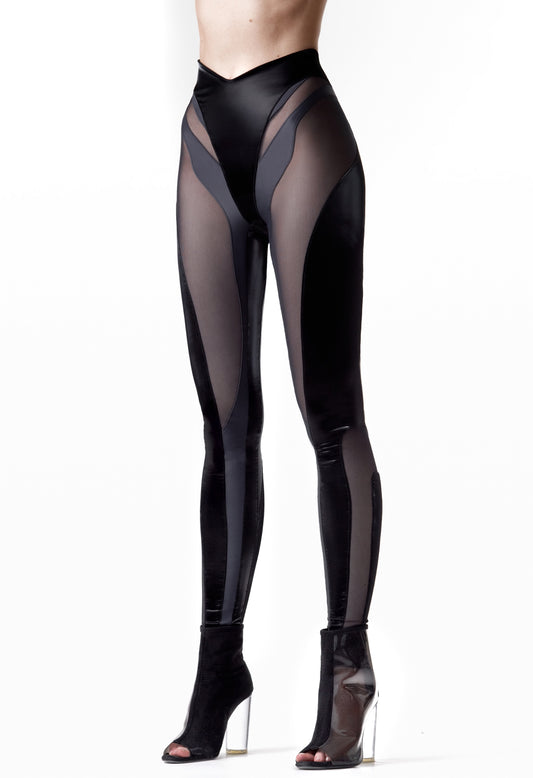MUGLER Black Spiral Leggings Paneled stretch lycra-blend jersey leggings. Sheer tulle detailing throughout. ULTRANOVA Leggings