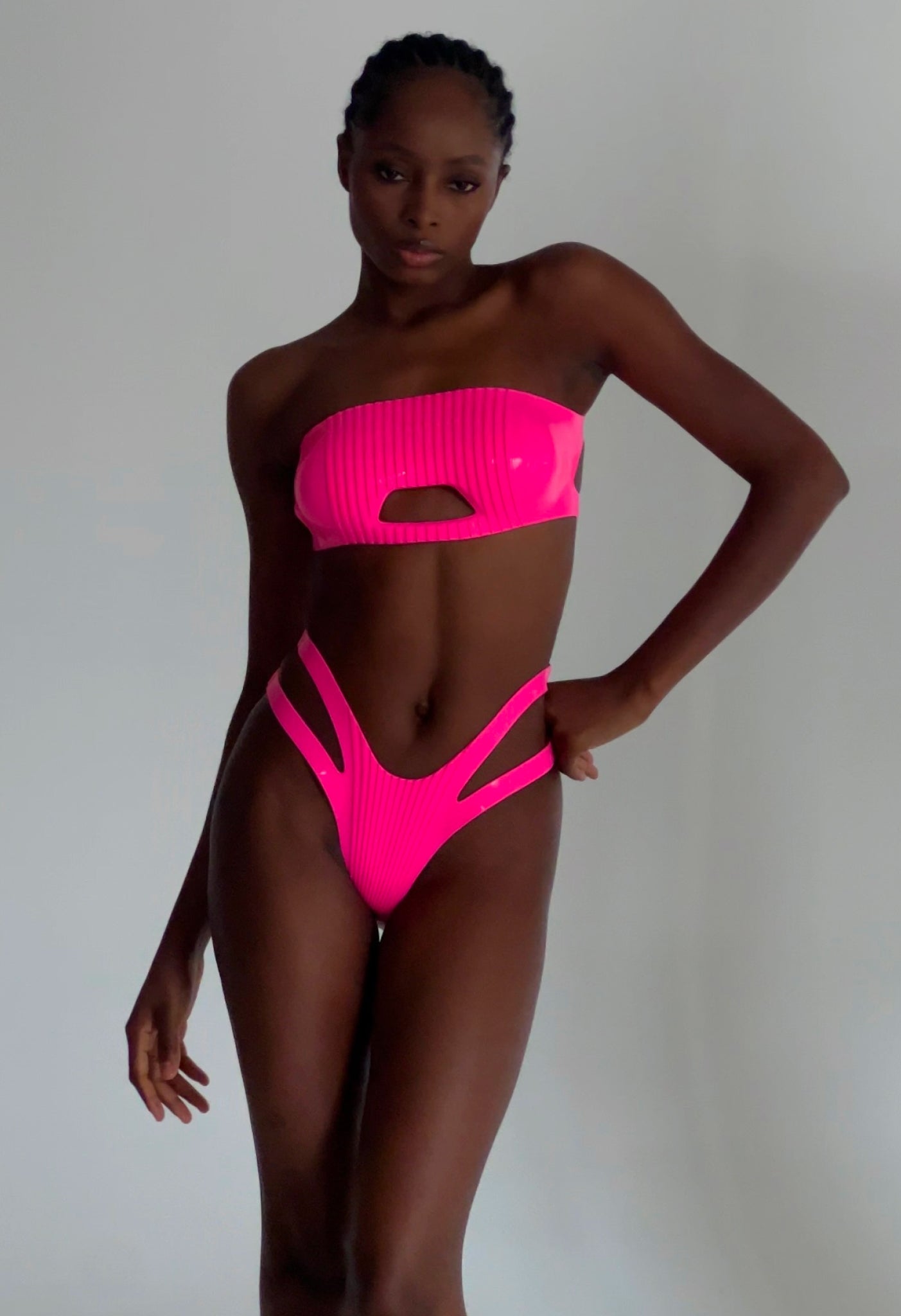 Swimsuit - Fluorescent Striped Futuristic Swimsuit in Pink (Flexible, Glows in Ultraviolet)