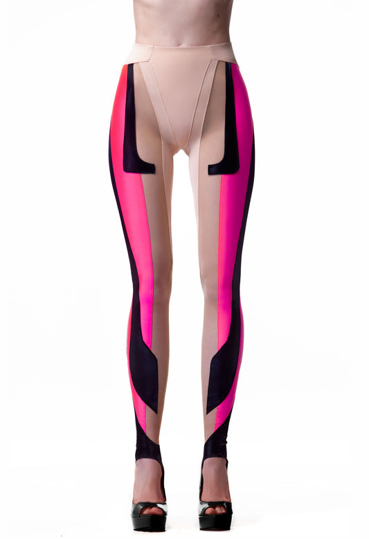 FUTURISTIC LEGGINGS IN LIQUID BLACK METAL FABRIC & PINK UV