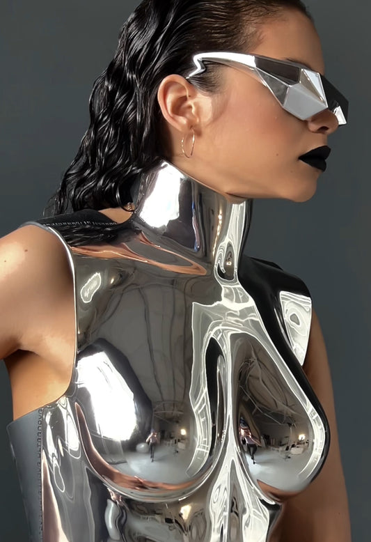 00123 REAL LACQUERED CHROME PLASTIC ANATOMICAL BODYSUIT IN SILVER/GOLD