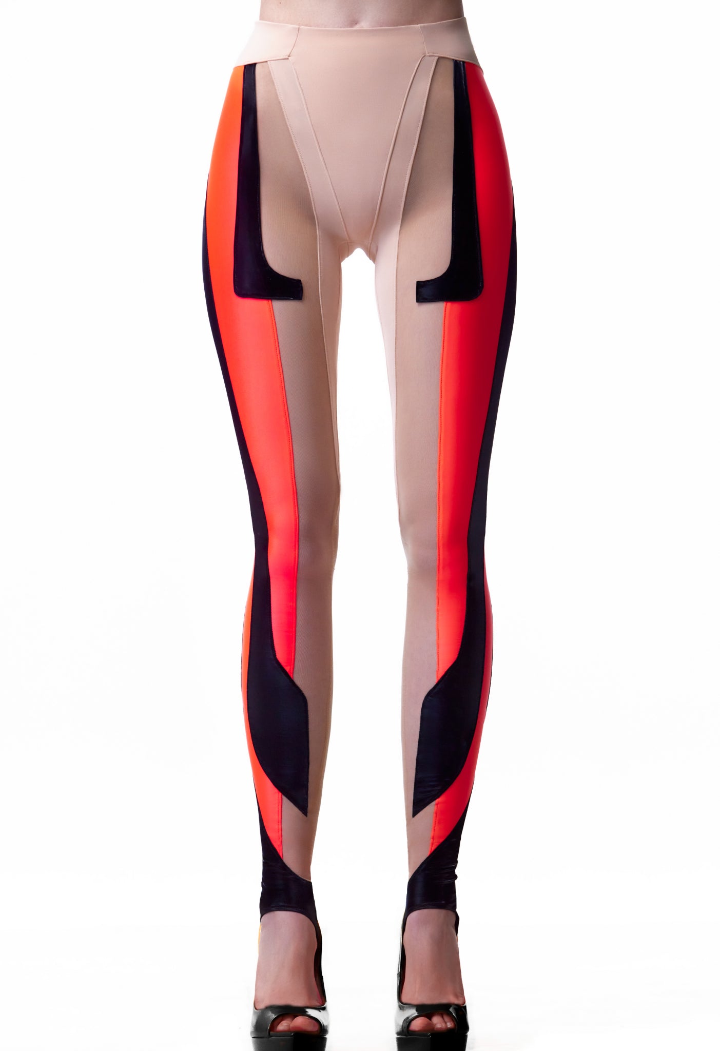 FUTURISTIC LEGGINGS IN LIQUID BLACK METAL FABRIC & ORANGE UV