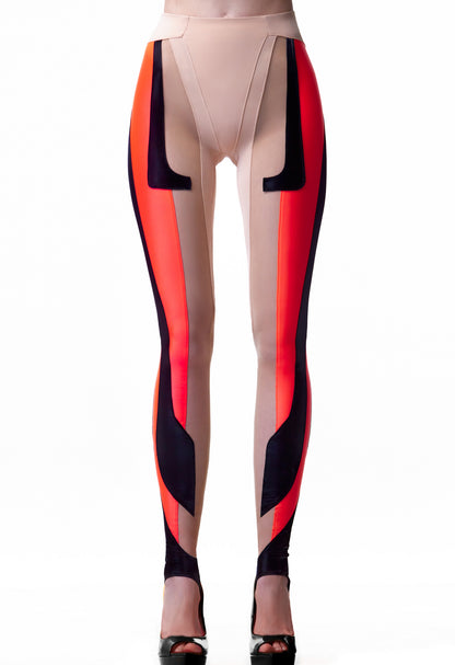 FUTURISTIC LEGGINGS IN LIQUID BLACK METAL FABRIC & ORANGE UV