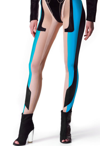 FUTURISTIC LEGGINGS IN LIQUID BLACK METAL FABRIC & BLUE UV