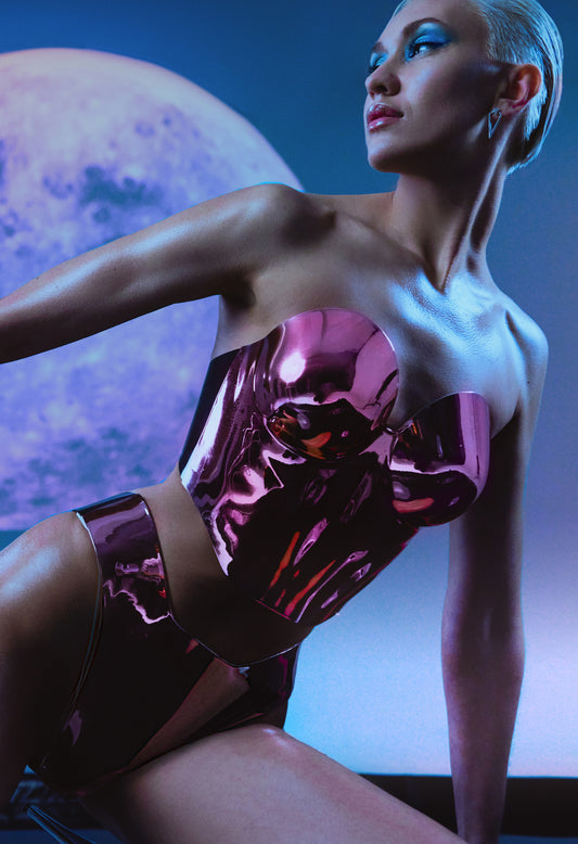 LACQUERED CHROME ACRYLIC ANATOMICAL BREASTPLATE & BIKINI BOTTOM IN PINK