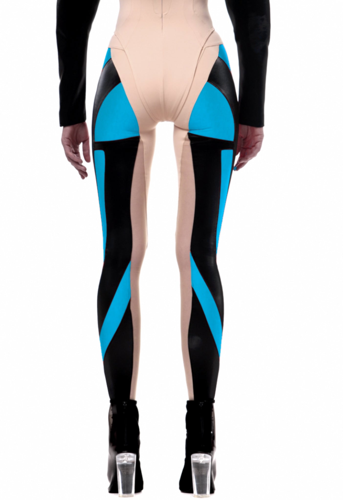 FUTURISTIC LEGGINGS IN LIQUID BLACK METAL FABRIC & BLUE UV