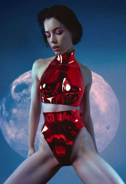 00126 REAL LACQUERED CHROME PLASTIC ANATOMICAL BREASTPLATE IN SILVER RED & BIKINI BOTTOM