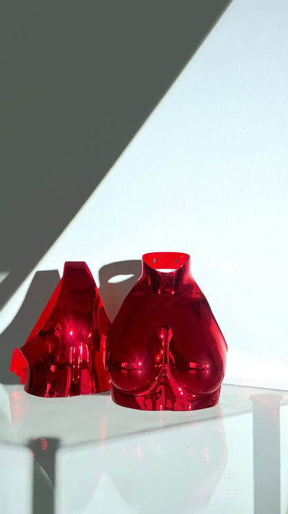 LACQUERED CHROME ACRYLIC ANATOMICAL BREASTPLATE & BIKINI BOTTOM IN RED