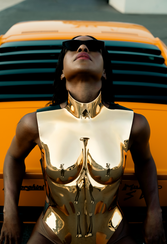 FUTURIST LACQUERED BREASTPLATE IN GOLD — HANDCRAFTED AVANT-GARDE ARMOR