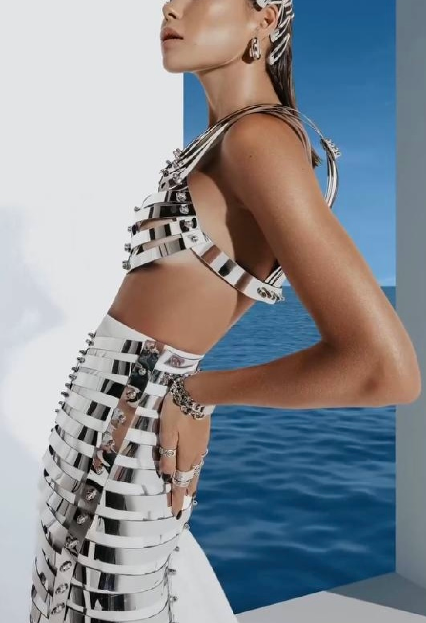 MUSEUM-GRADE CHROME BODY SCULPTURE — EXCLUSIVE FASHION BREASTPLATE & SKIRT IN SILVER