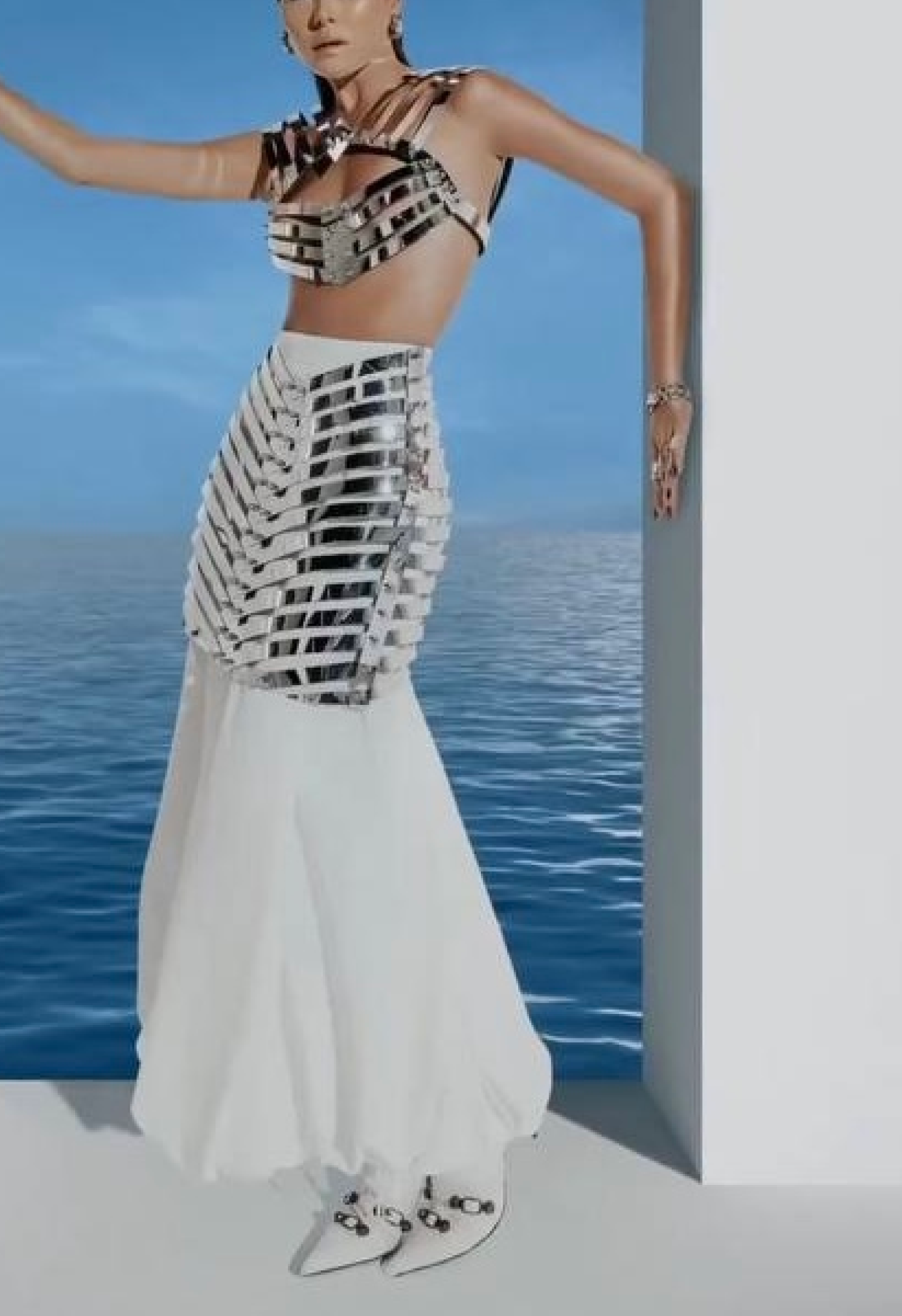 MUSEUM-GRADE CHROME BODY SCULPTURE — EXCLUSIVE FASHION BREASTPLATE & SKIRT IN SILVER