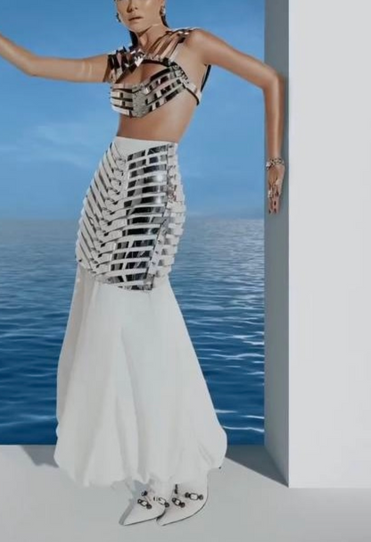 MUSEUM-GRADE CHROME BODY SCULPTURE — EXCLUSIVE FASHION BREASTPLATE & SKIRT IN SILVER