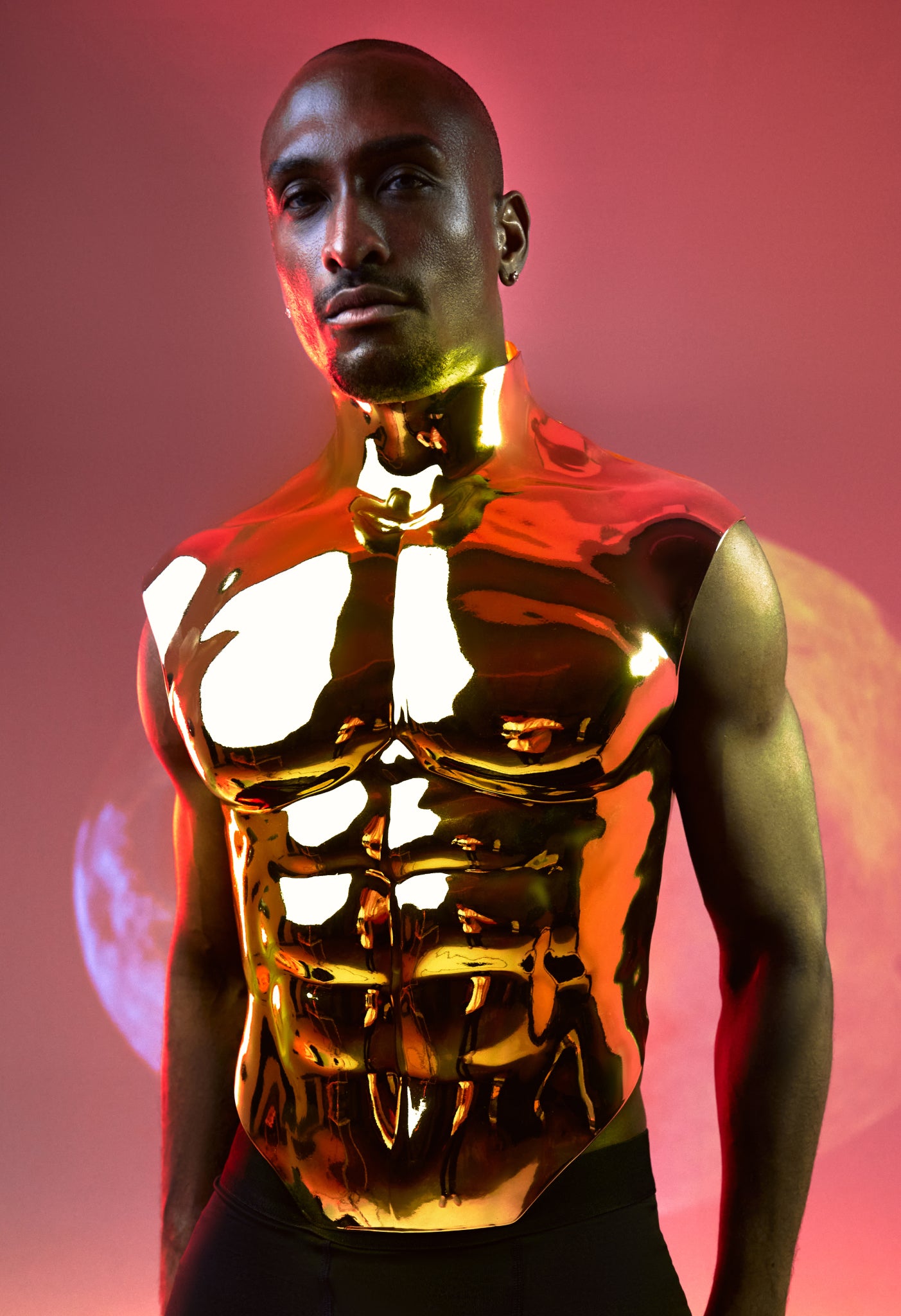 Handcrafted luxury lacquered acrylic breastplate with sculpted anatomical design and mirror chrome finish. Perfect for high fashion, runway shows, and avant-garde styling. Lightweight, durable, and adjustable for a custom fit. Premium wearable art and statement body armor by ULTRANOVA.