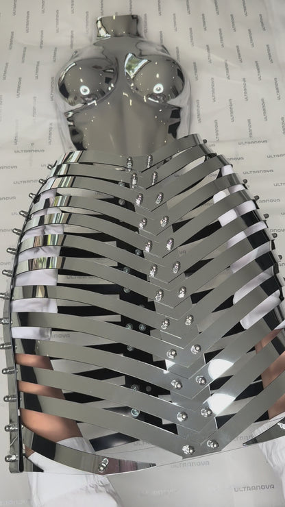 MUSEUM-GRADE CHROME BODY SCULPTURE — EXCLUSIVE FASHION BREASTPLATE & SKIRT IN SILVER